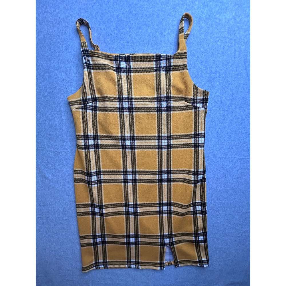 Almost Famous Mustard Yellow Plaid Mini Dress Square Neck Bodycon Slit 2X